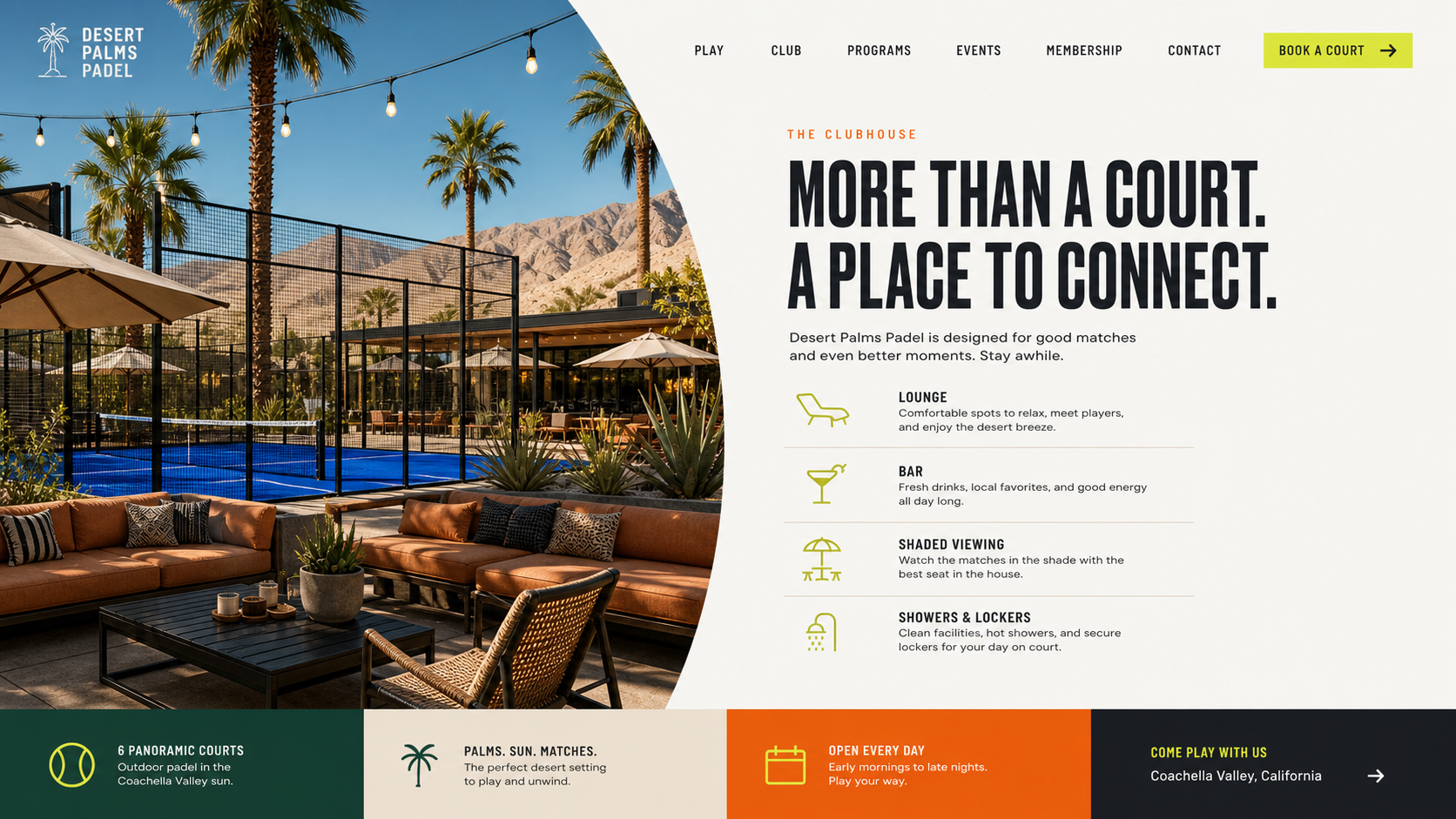 Courtside lounge with palms, umbrellas, and shaded seating