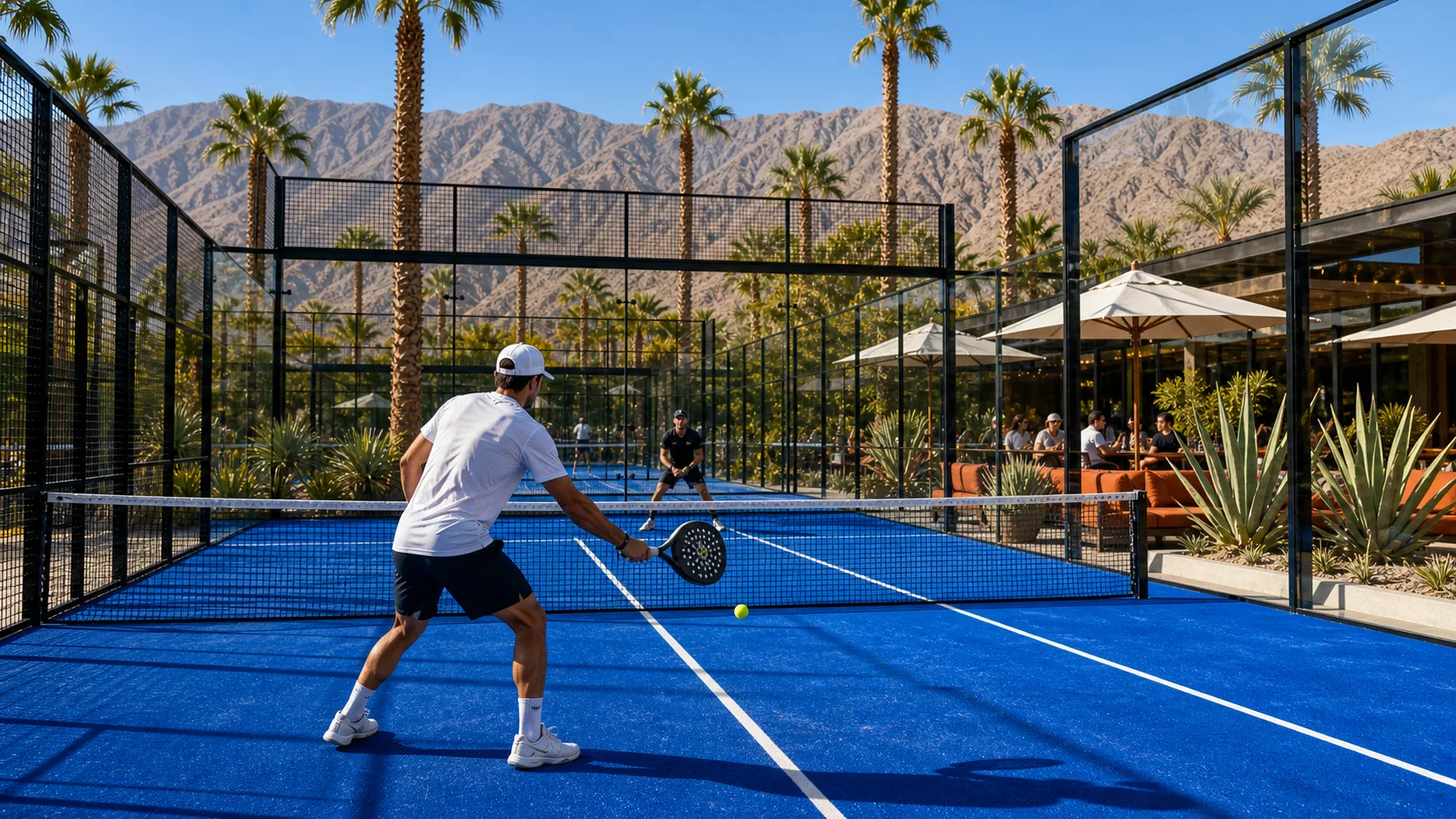 Padel match in progress with desert mountains in the background