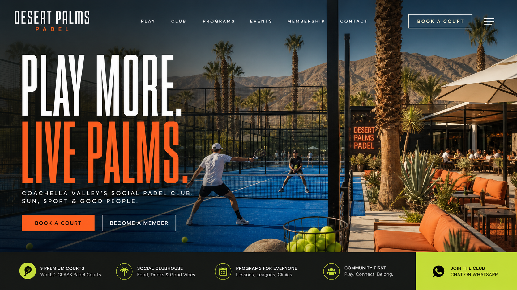 Players on a desert padel court with palms and mountain backdrop