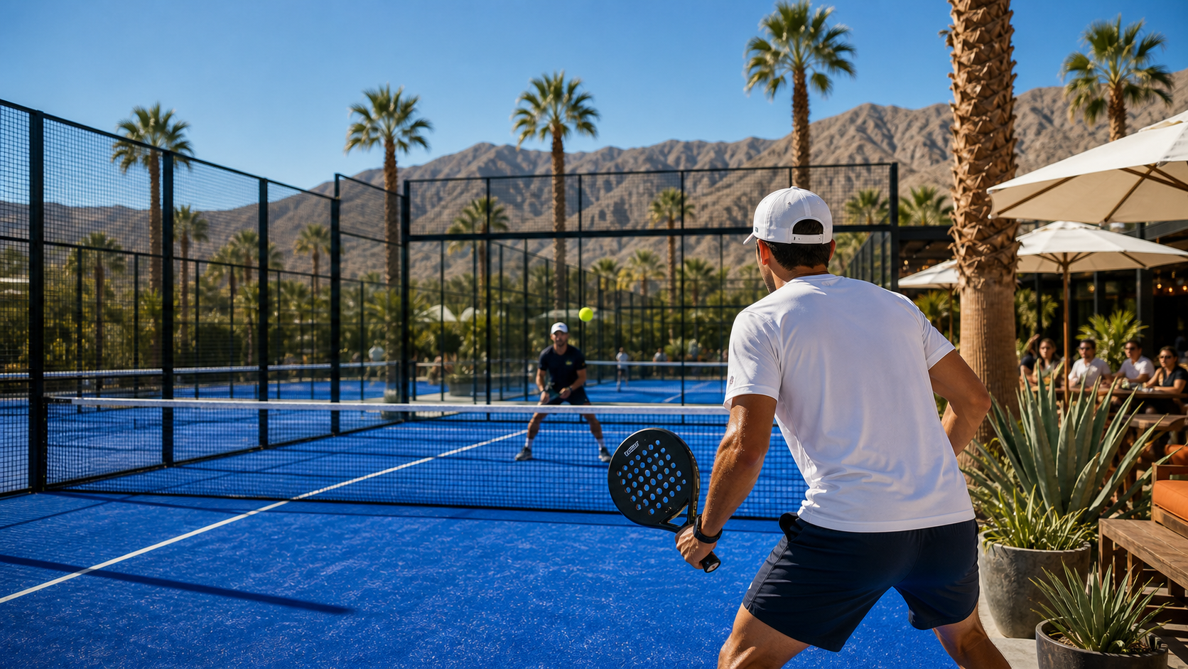 Players on a desert padel court with palms and mountain backdrop